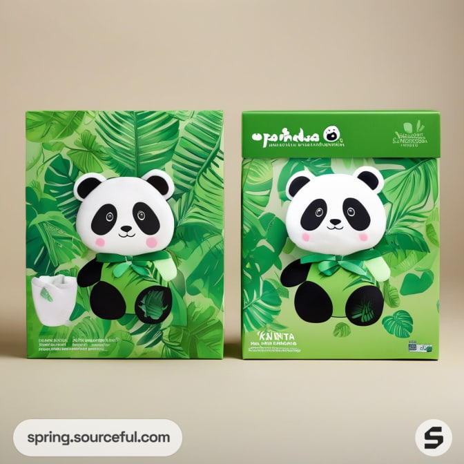 Box with a leafy design featuring a panda toy and green foliage patterns.