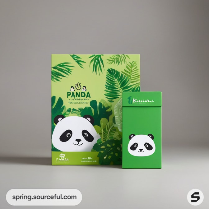Panda-themed packaging with a larger box featuring jungle leaves and a smaller matching pouch.