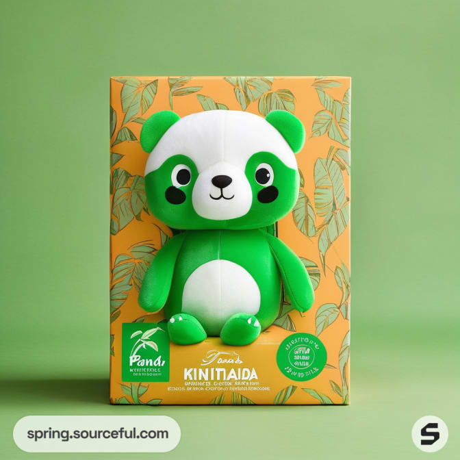 Green and orange box with a panda toy on a leafy background.