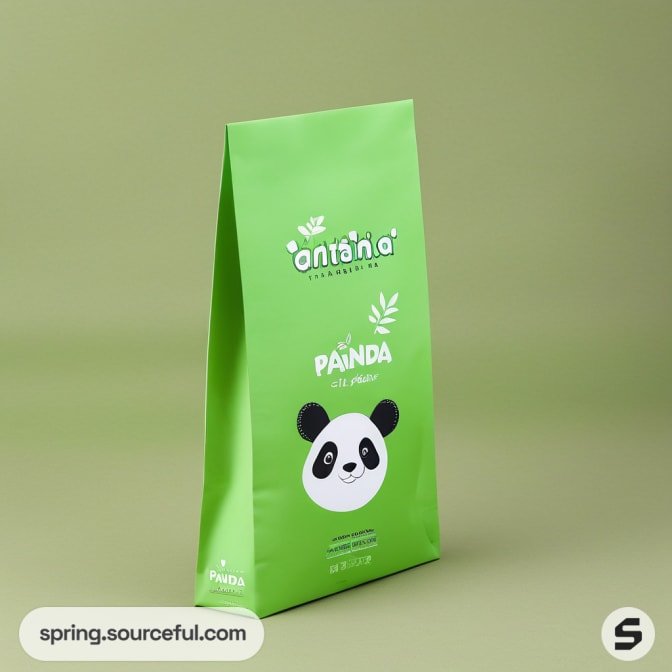 Light green resealable pouch with a panda illustration on a plain background.
