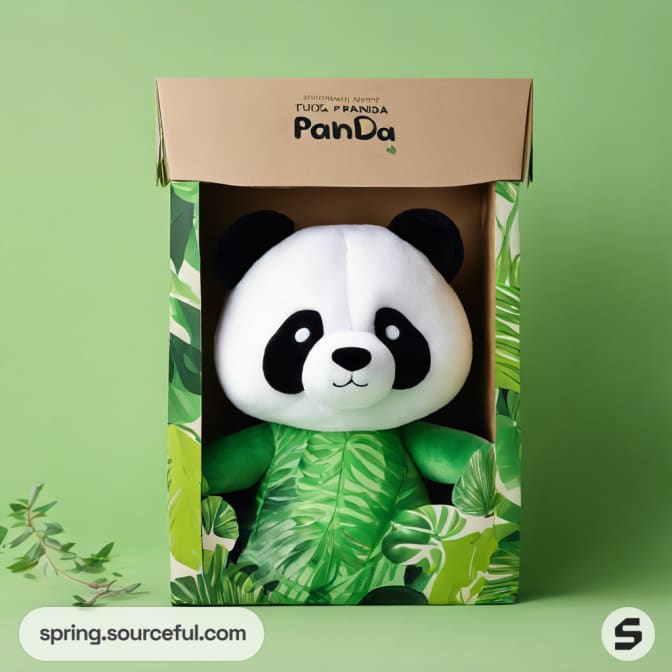 Box with a panda toy partially visible, set against a leafy green background theme.