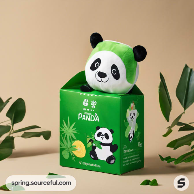 Open-top green box with a plush panda toy and foliage design surrounding it.
