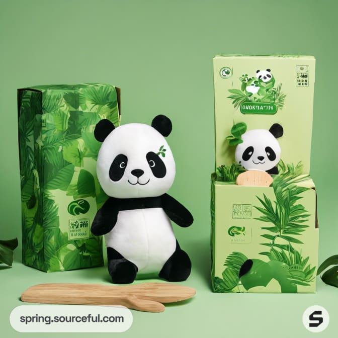 Panda plush toys in green patterned boxes with wood utensils and leaves.