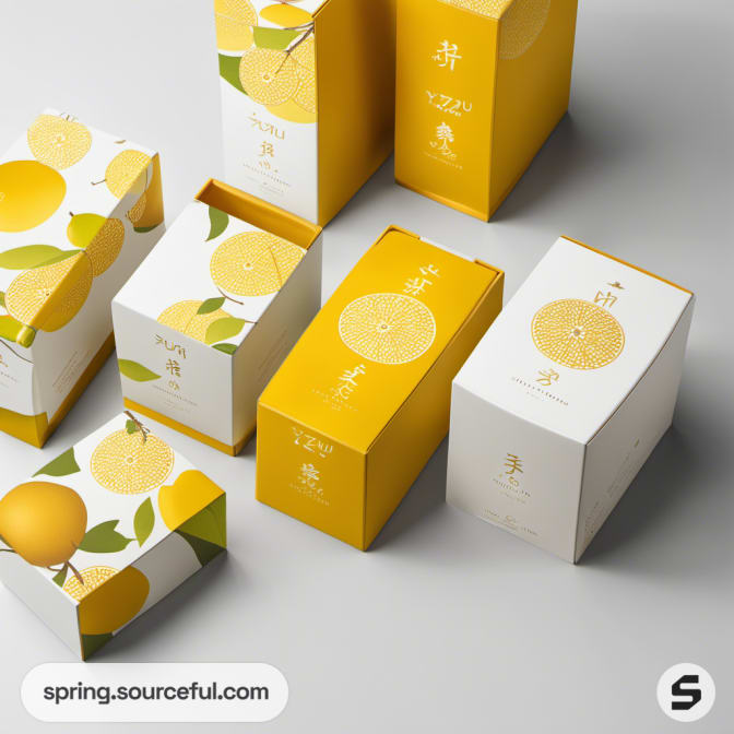 Yellow and white boxes with citrus designs and Asian script