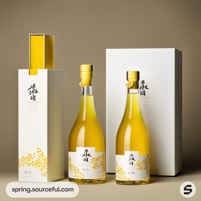 Yellow-labeled sake bottles with elegant floral packaging