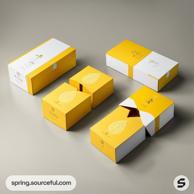 Yellow and white rectangular boxes with leaf patterns