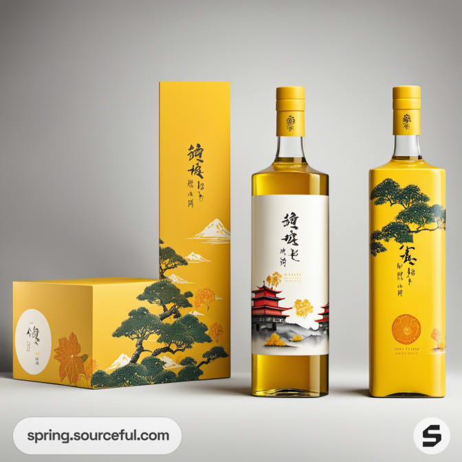 Yellow-themed bottles with scenic illustrations