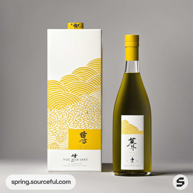 Sake bottle with intricate yellow floral packaging