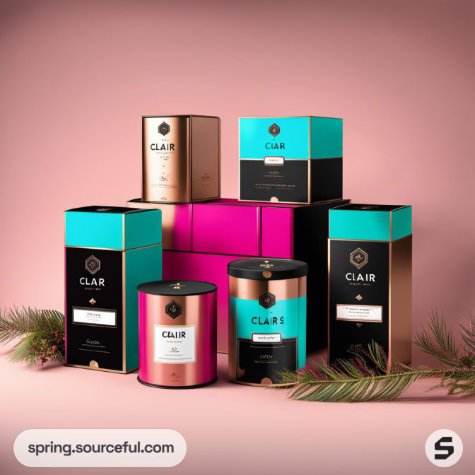 Elegant candle boxes with black, turquoise, and pink designs on a soft pink background.