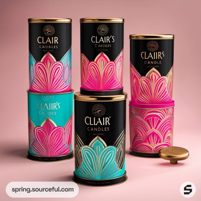 Colorful cylindrical candle cans stacked with artistic patterns and black lids.