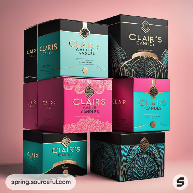 Stylish cube candle boxes with geometric patterns and pink, turquoise, and black colors.