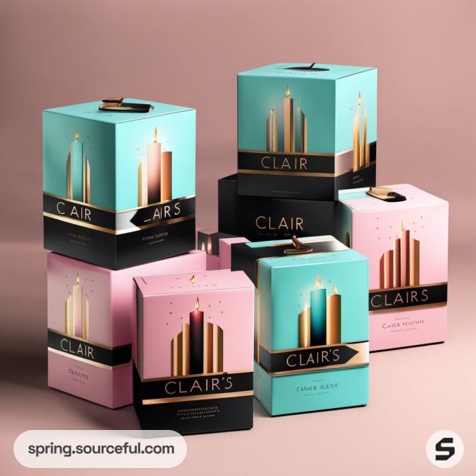 Glamorous candle boxes in teal, pink, and black with golden candle illustrations.