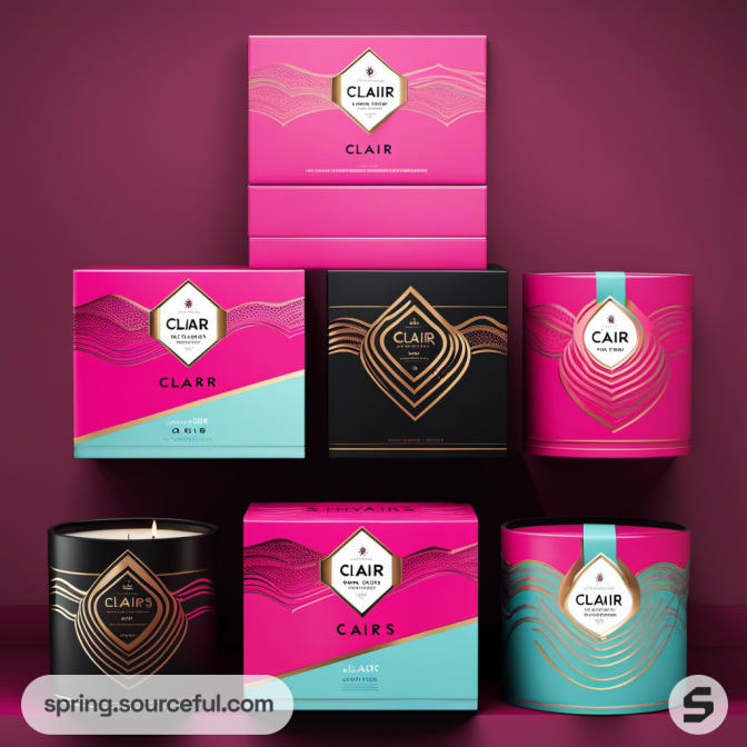 Sophisticated candle packaging in vibrant pink, turquoise, and black with geometric designs.
