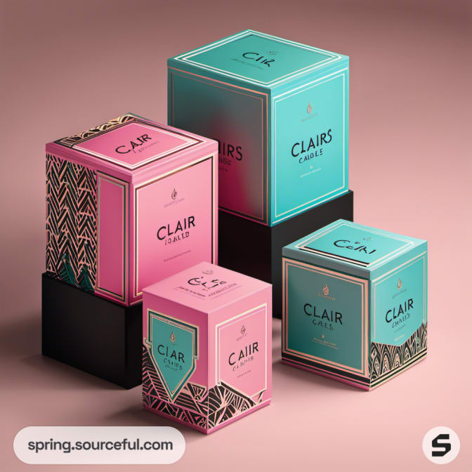 Chic cubic candle boxes in pink, turquoise, and black with intricate line patterns.