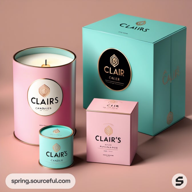 Luxurious candle packaging with large and small teal and pink boxes and candles.