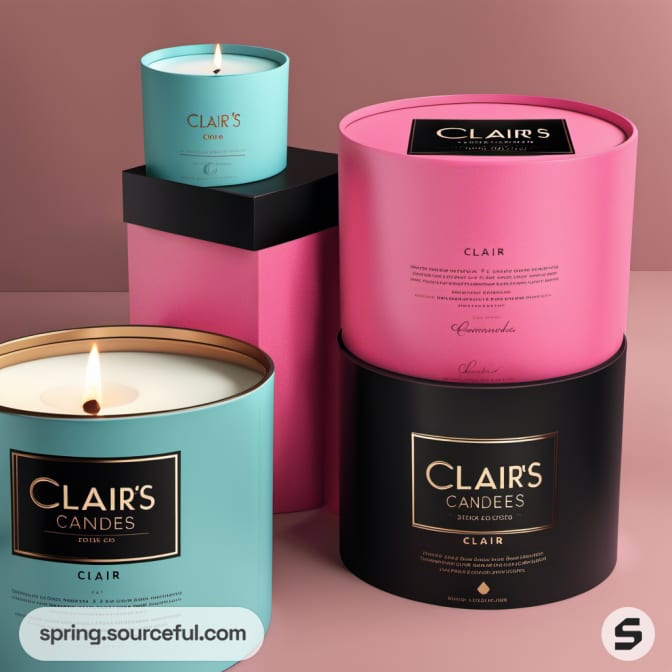 Large cylindrical candle boxes in pink, teal, and black with elegant gold accents.