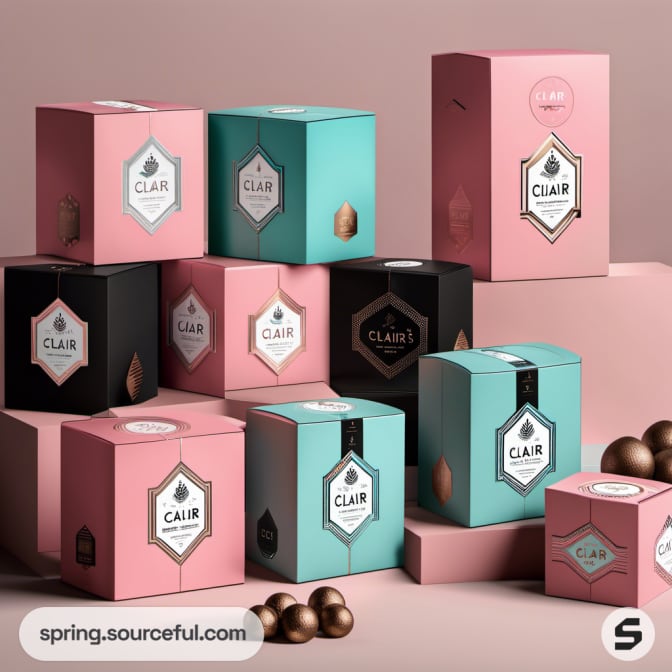 Variety of chic candle boxes in pink, turquoise, and black on a pastel background.