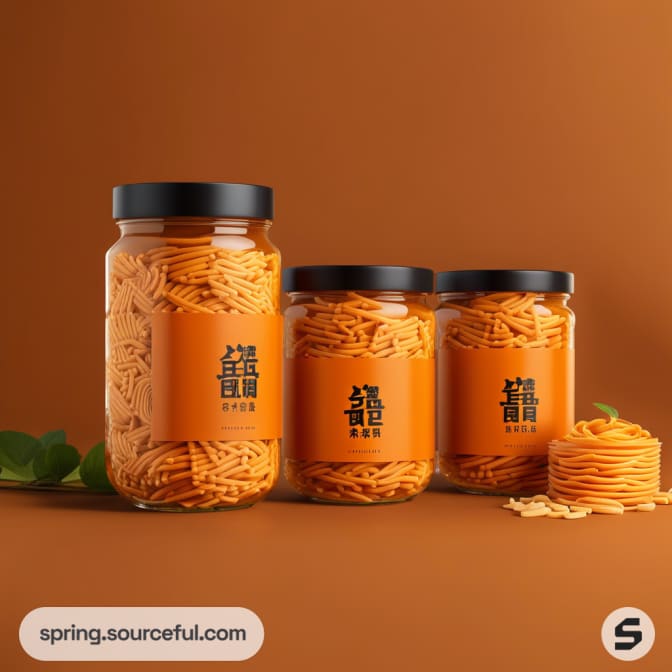 Three orange jars with black lids filled with crunchy snacks on an orange background.