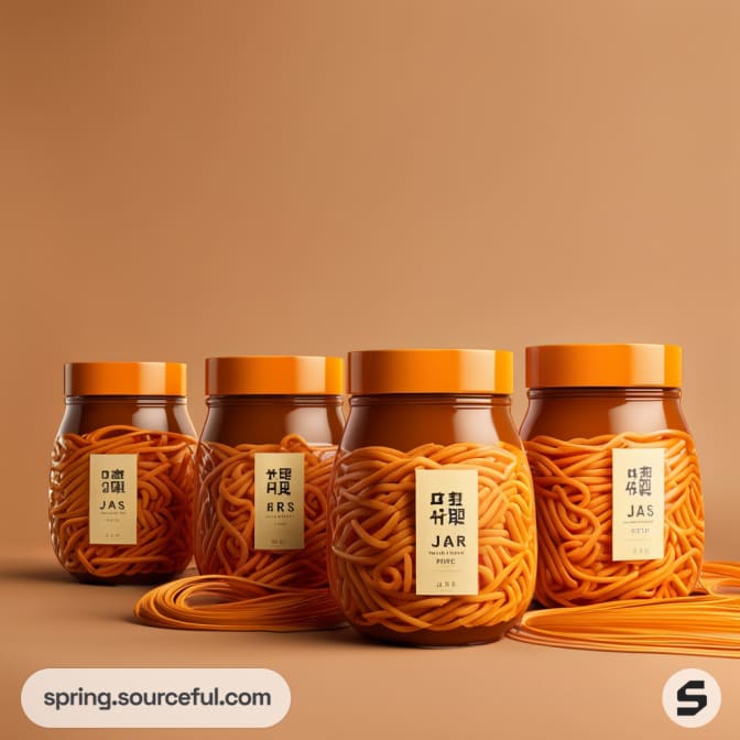Jars of spaghetti arranged on a gradient brown background. The jars have orange lids and labels with text.