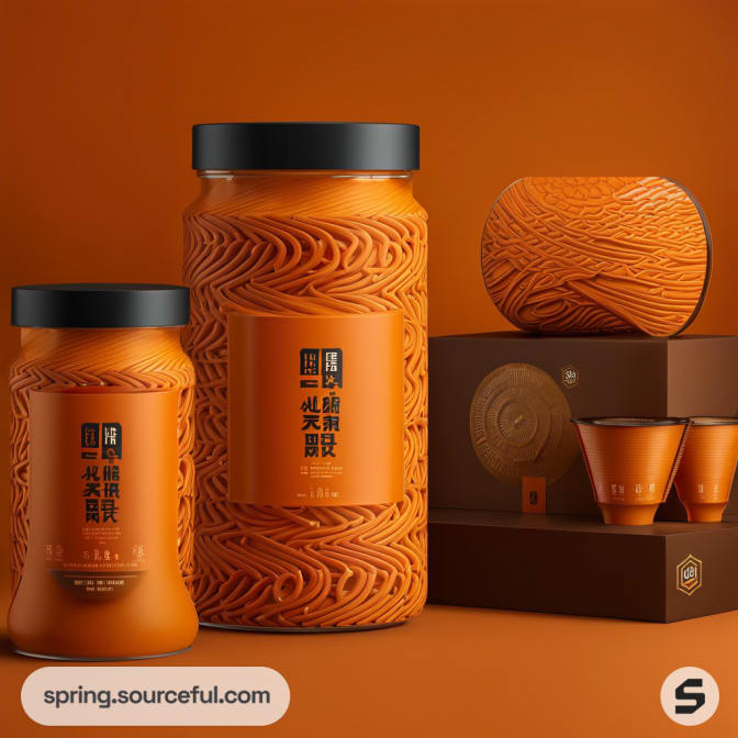 Orange embossed jars and cups on brown background with geometric textures.