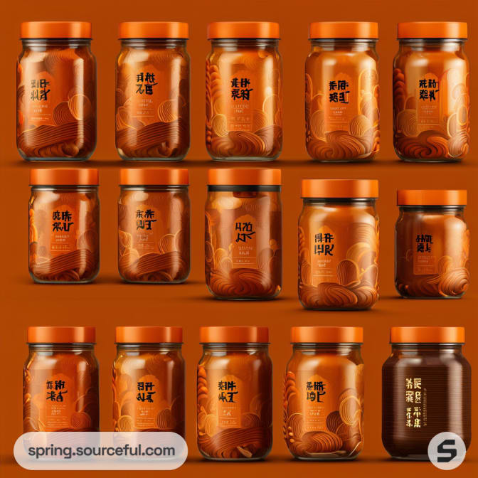 Orange glass jars with various Asian-style text labels on an orange background.
