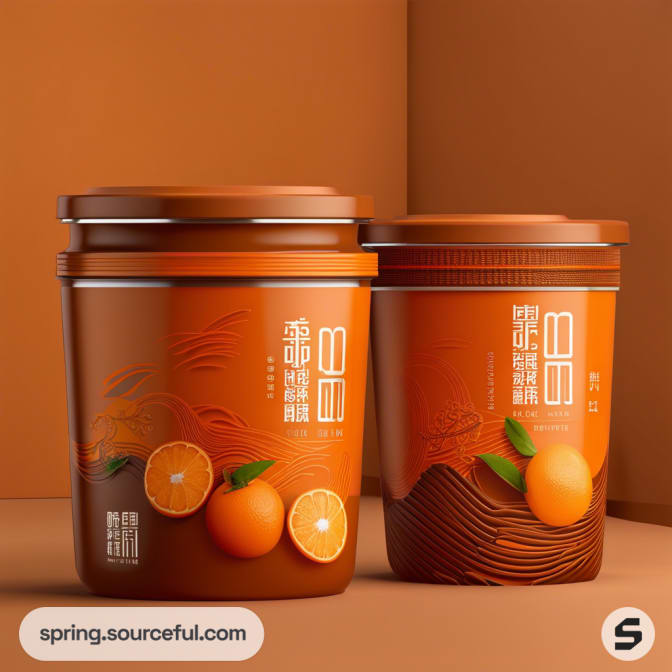 Two orange-themed containers with fruit graphics and Chinese text on an orange background.