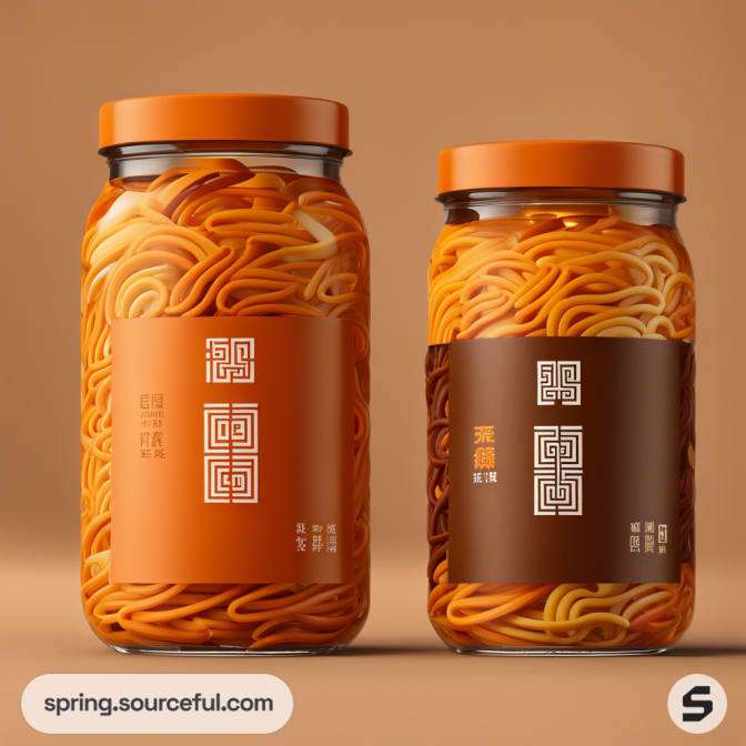 Glass jars with abstract designs containing spiral pasta, featuring orange and brown labels against a beige background.
