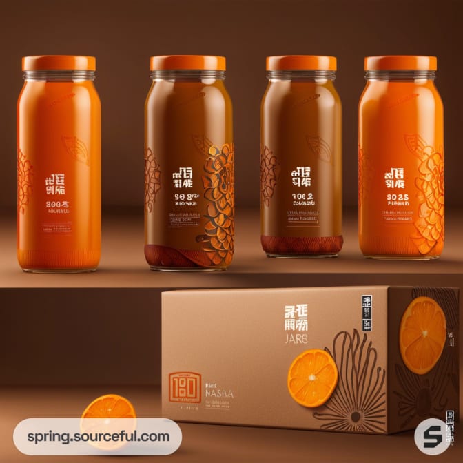 Orange juice bottles with orange and black design next to a brown and orange box with citrus imagery.