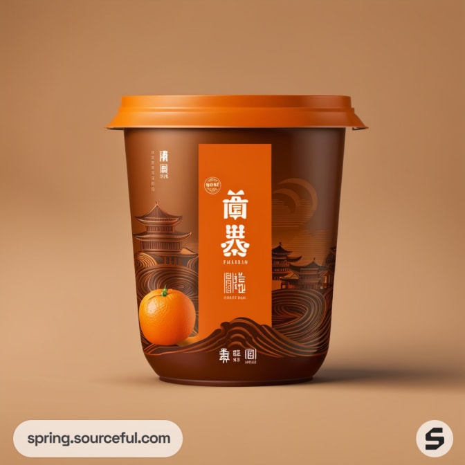 Orange-themed cup with Asian design elements on brown background.