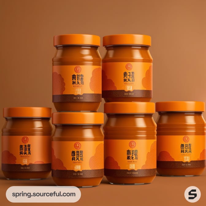 Six brown jars with orange lids and labels, stacked against a brown background.
