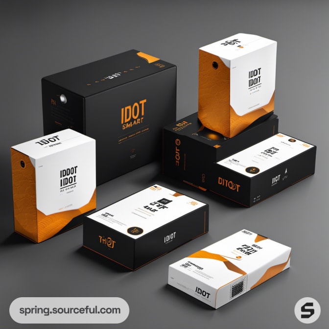 Smart device packaging in black, white, and orange boxes.