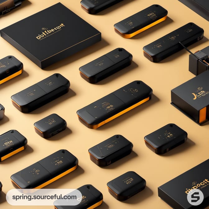 Compact smart devices in elegant black packaging.