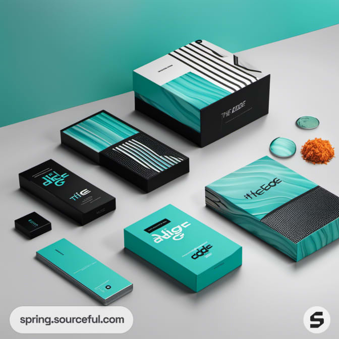 Turquoise-themed packaging with geometric patterns on boxes and cans.