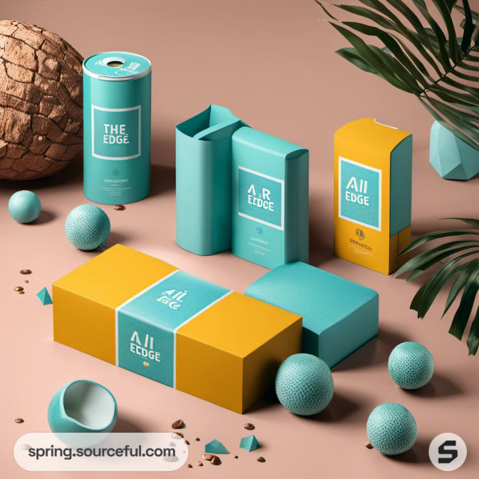 Various teal and orange boxes and cans with The Edge branding.
