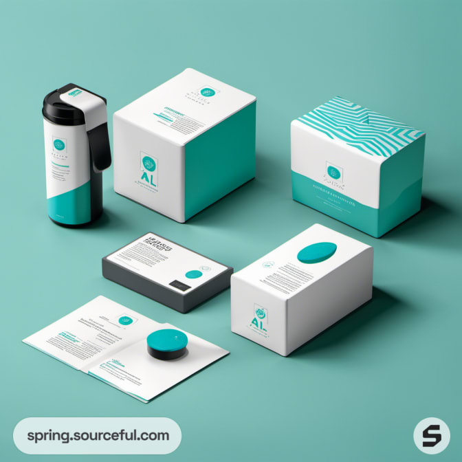 Assorted teal and white boxes and cylindrical container with AL logo.