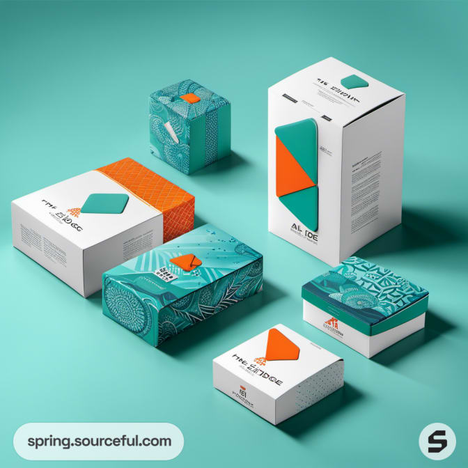 Teal and orange packaging with geometric designs on various boxes.