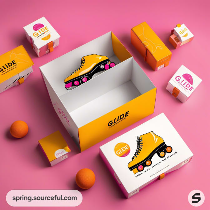 Yellow roller skate in open yellow box on pink background.