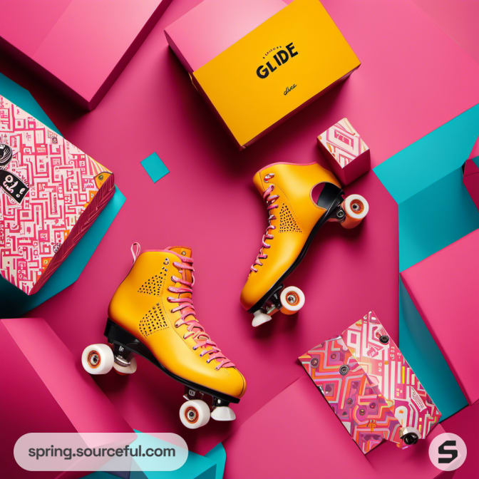 Orange roller skate with pink laces, surrounded by colorful boxes.