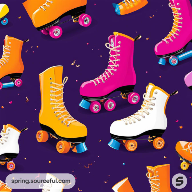 Pattern of brightly colored roller skates on dark background.