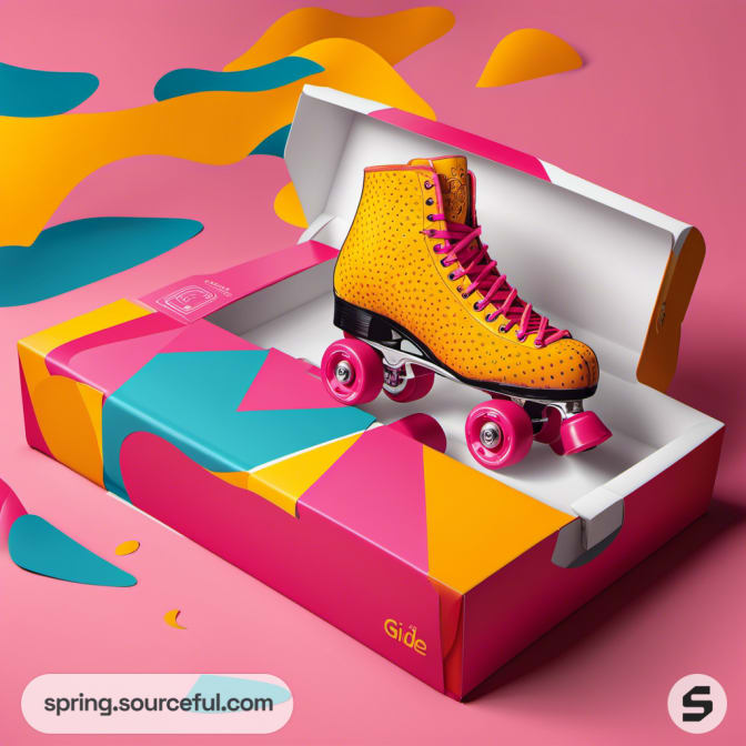 Orange roller skate in artistic box with geometric design.