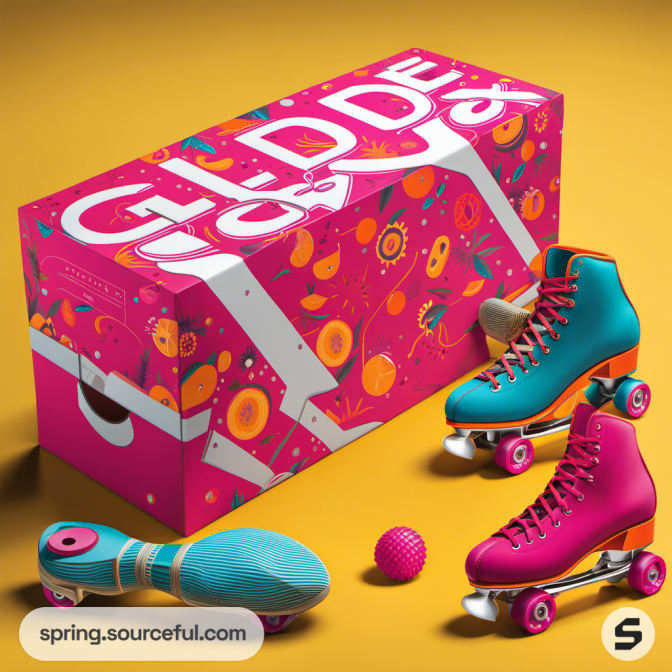 Colorful pink box with teal skates and accessories on yellow background.