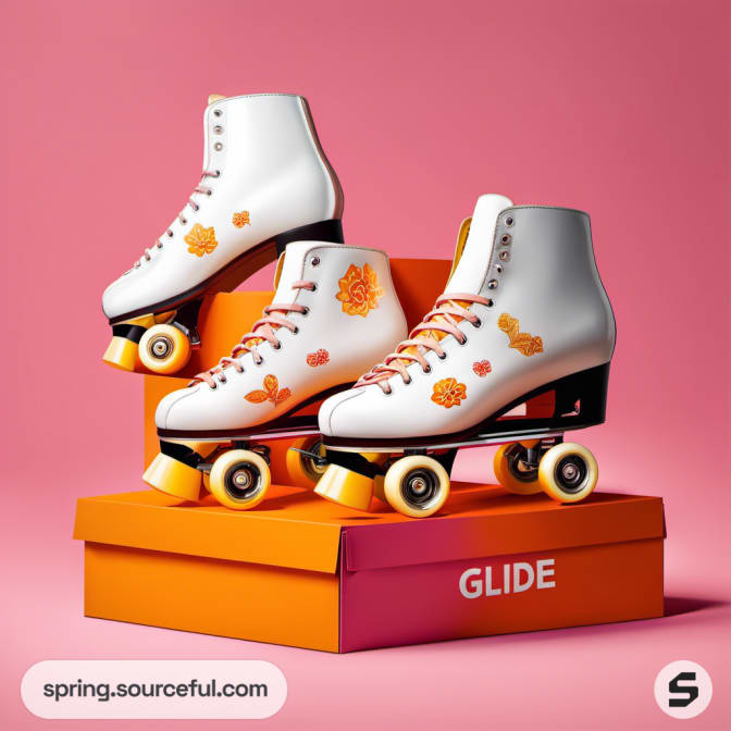 White roller skates with floral detail on orange box.
