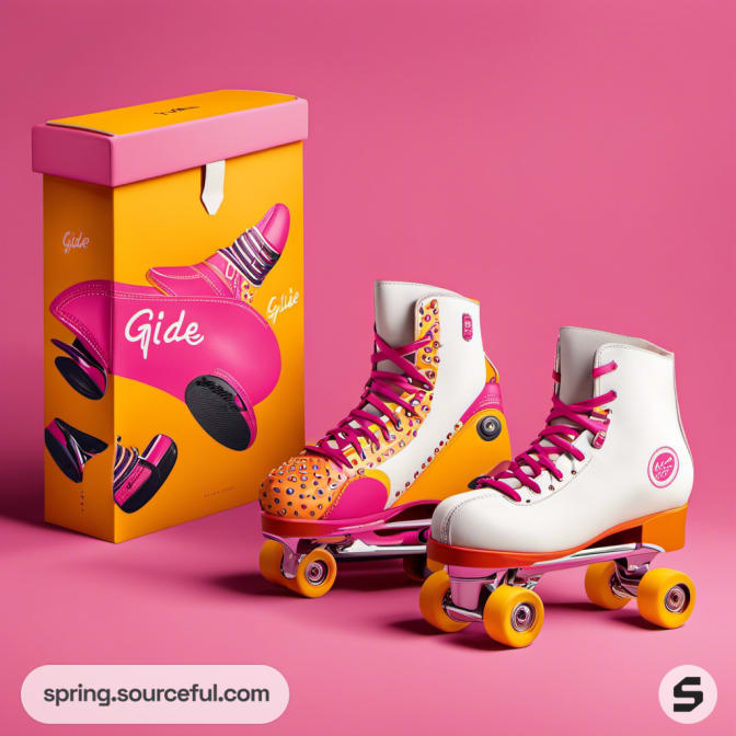 Colorful roller skates in front of pink and orange packaging.