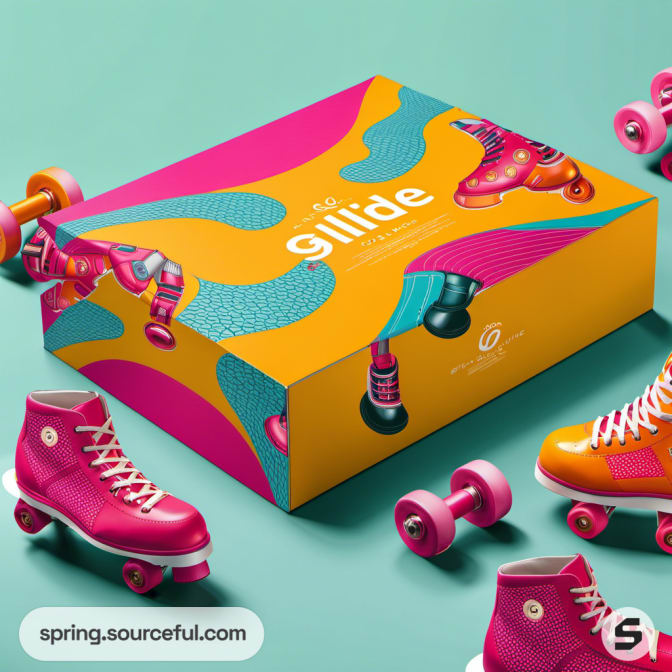 Pink roller skate in colorful box with dumbbells on teal background.