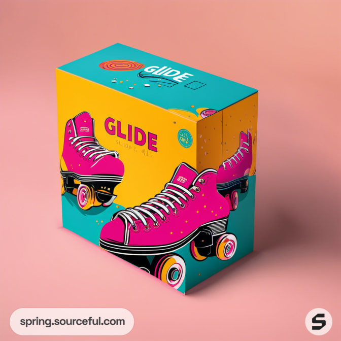 Pink skate illustrated on teal and yellow box on peach background.