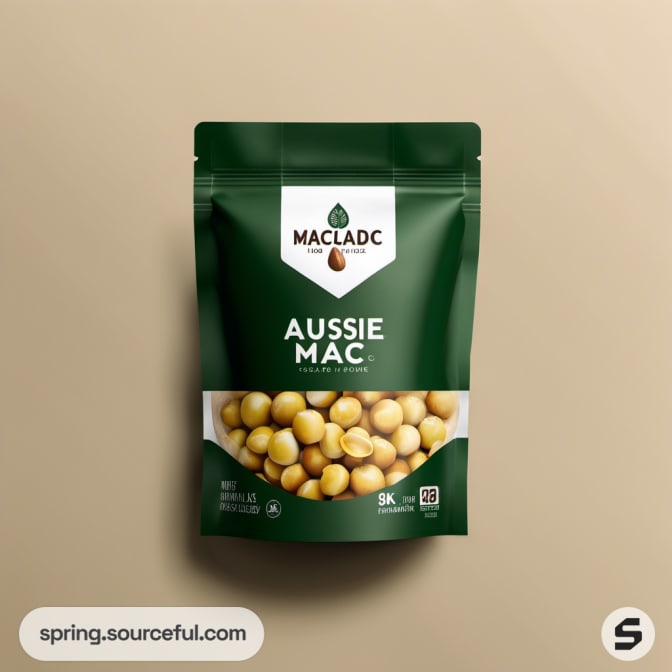 Green resealable pouch featuring macadamia nuts.