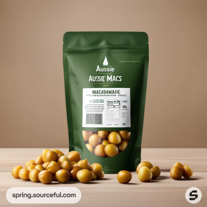 Green resealable pouch with spilled macadamia nuts.