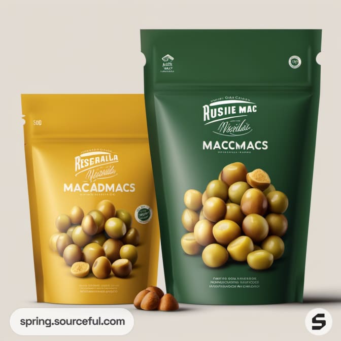 Green and yellow resealable pouches with macadamia nuts.