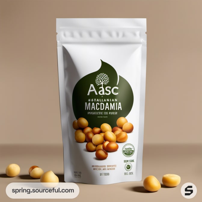 White resealable pouch featuring macadamia nuts.