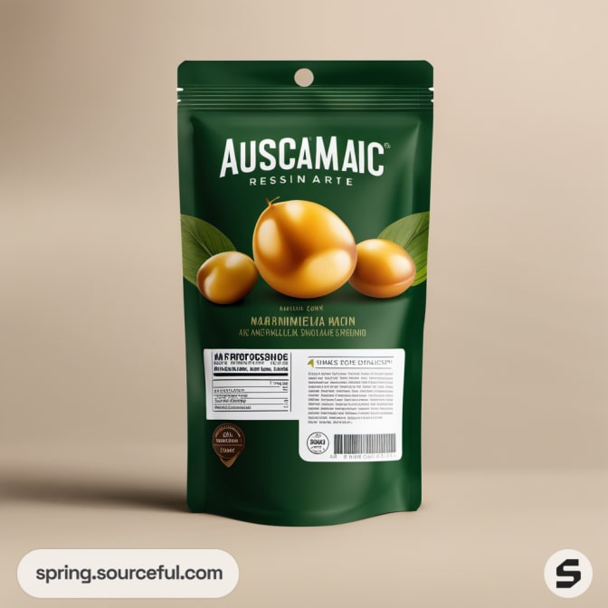 Green resealable pouch with macadamia nut design.